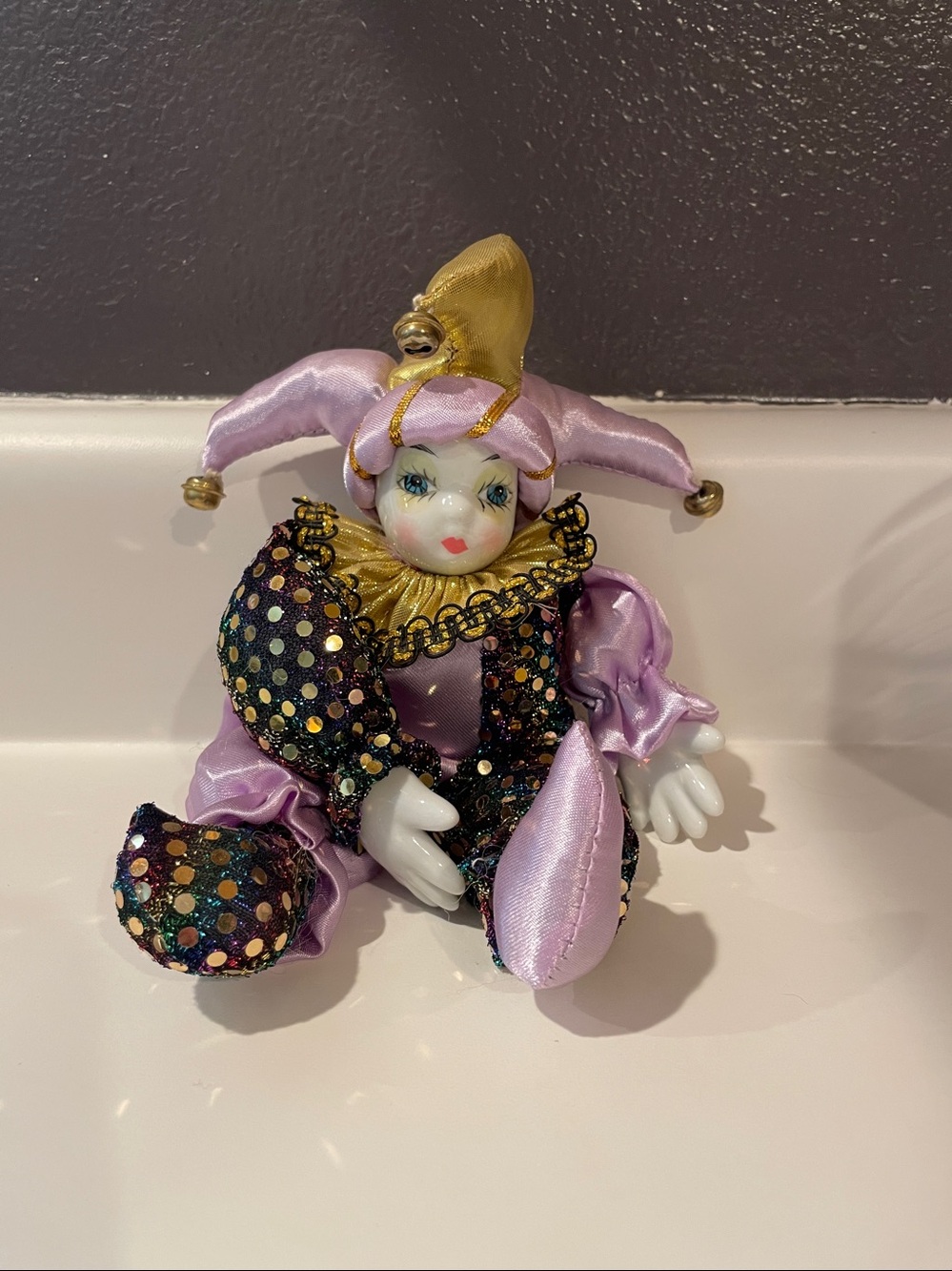 Purple Sequin Harlequin Porcelain Face Clown Doll Vintage collectible